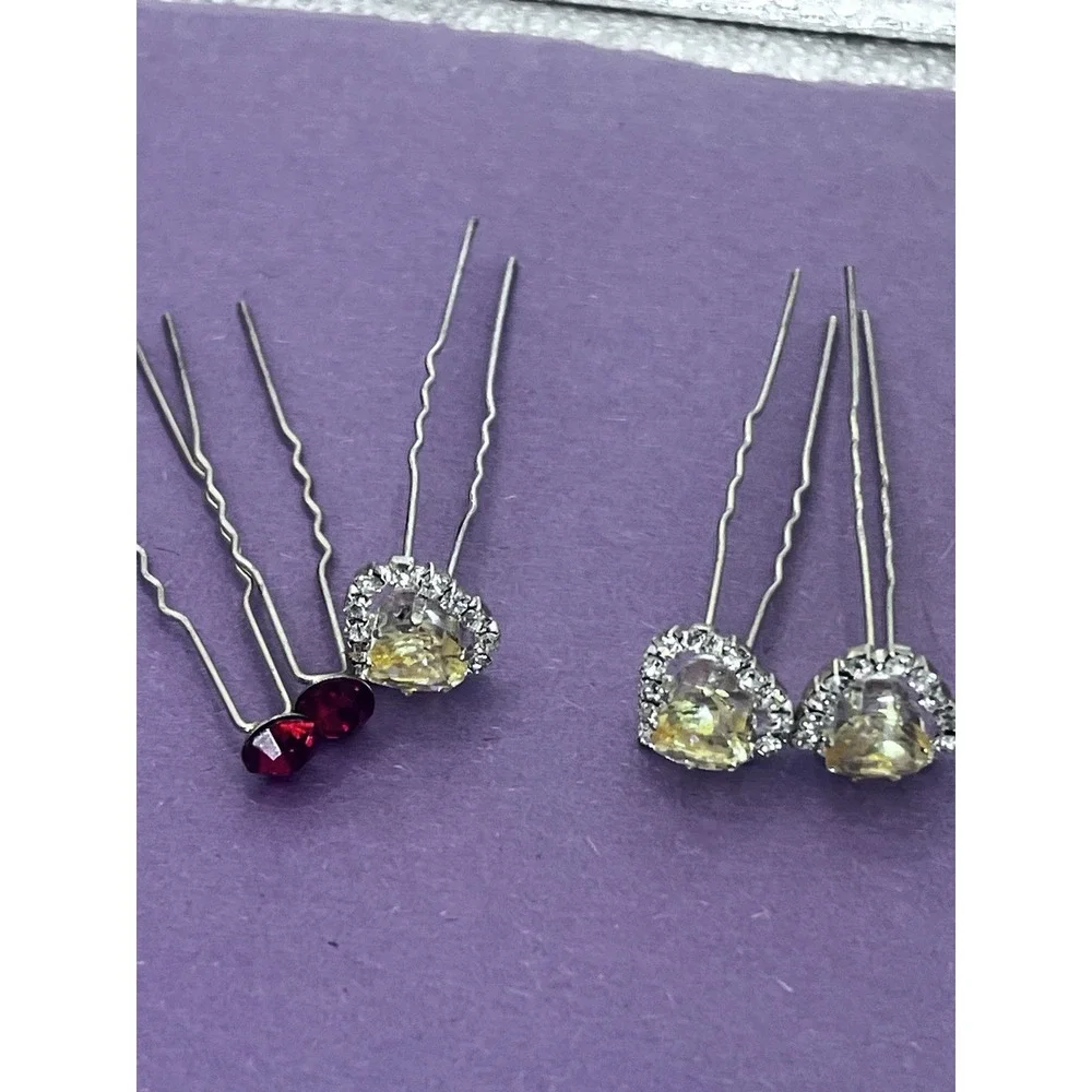 Lovely Vtg Rhinestone‎ Hair Pins Fork Stick LOT of 5 Multi Color Arts Heart